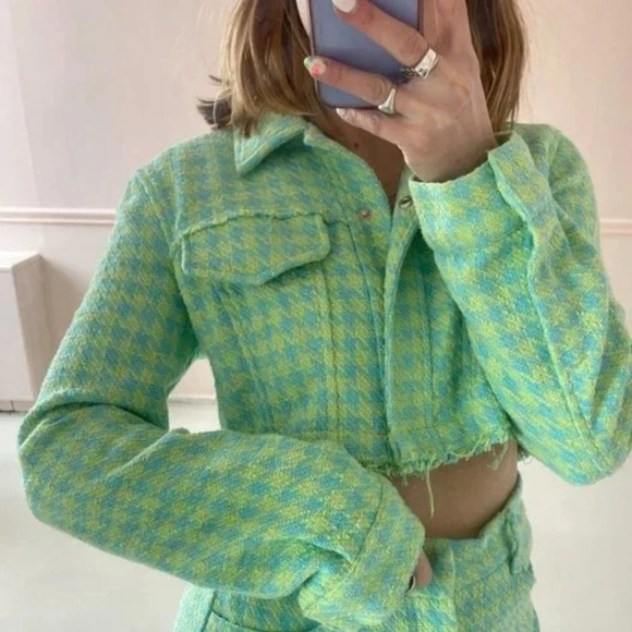 Zara Cropped Gingham Houndstooth Jacket Green  Blue Size Large - Picture 1 of 9